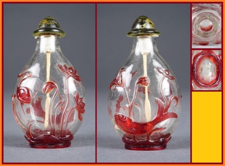 FLACON TABATIERE EN VERRE OVERLAY TRANSPARENT ET A DECOR OVERLAY ROUGE RUBIS