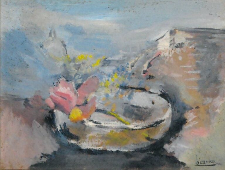 Fleurs dans une coupe Huile sur papier Signée en bas à droite 15 x 19 cm (à vue)