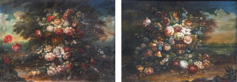 «FLEURS» Deux huiles sur toile formant pendants signées en bas à droite 35 x 48,5 cm