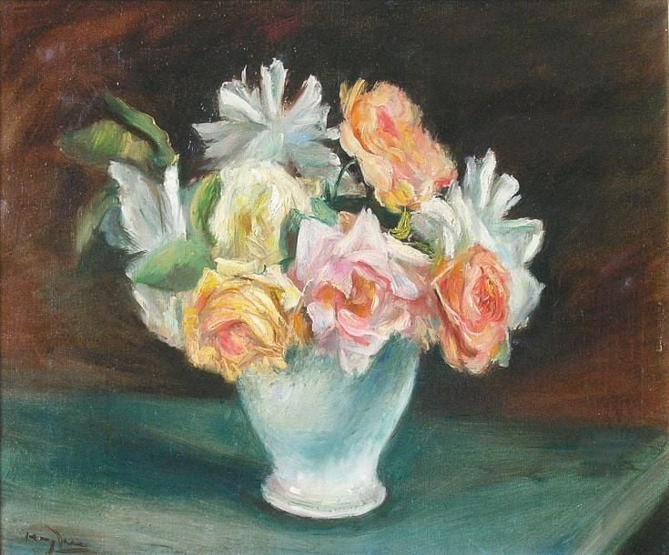 Fleurs Huile sur toile Signée en bas à gauche 38 x 46 cm L'authenticité de ce tableau a été confirmée par Monsieur Pierre Célice