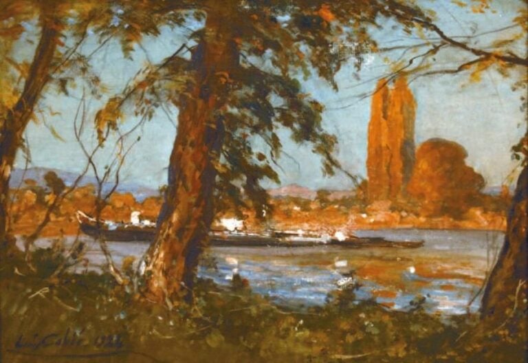 Fleuve animé Aquarelle gouachée, signée en bas à gauche, datée 1924 31 x 44 cm