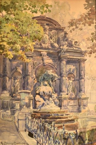 "Fontaine Médicis Paris 1928" Aquarelle Signée en bas à gauche Titrée, située et datée au dos 50 x 33 cm
