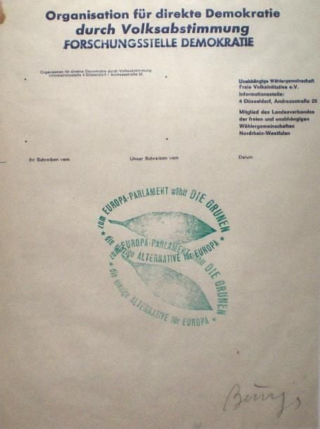 « Forschungssielle Demokratie » Tampons du parti des Verts allemands sur papier à en-tête Signé en bas à droite 30 x 20 cm