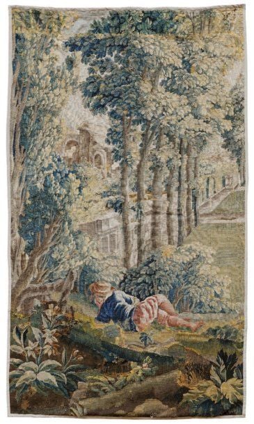 Fragment de tapisserie Le repos près des ruines XVIIIe siècle Réparations et rentrayages ; galon rapporté, doublée