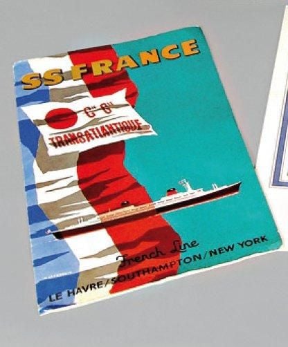 « FRANCE » (1962) Grand éclaté du paquebot par Lezla présenté plié sous sa couverture, illustré par Jacqueli