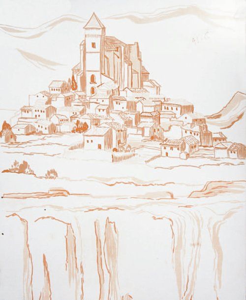 « FRANCE » (1962) Village des Pyrénées Panneau lamifié, décoré à la main, provenant d'une cabine de 1ère class