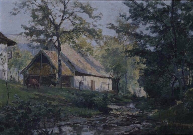 François Charles CACHOUD (1866-1943) Paysage animé à la ferme et à la rivière Huile sur toile Signée et datée en bas à droite: 98 46 x 66,5 cm  (petit percement en bas à droite, griffures, craquelures)