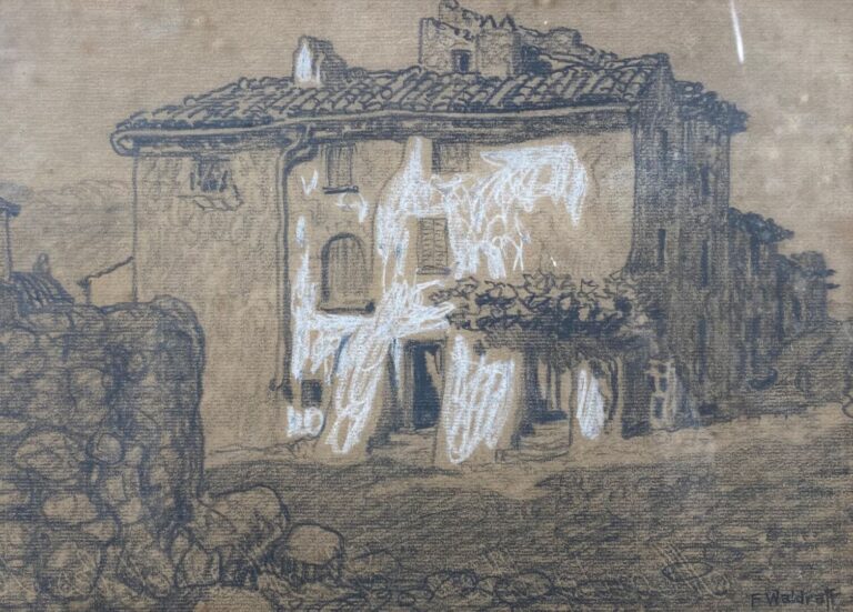 Franz WALDRAF (1878-?) - Maison de campagne - Fusain et craie blanche, signé en…