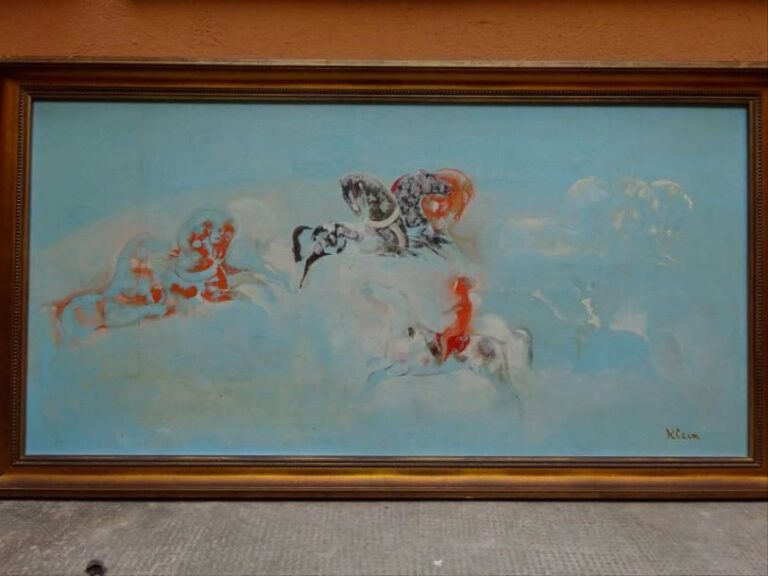 Fred Frits KLEIN (1898-1990) Le carrousel de chevaux célestes Huile sur toile Signée en bas à droite 50 x 100 cm
