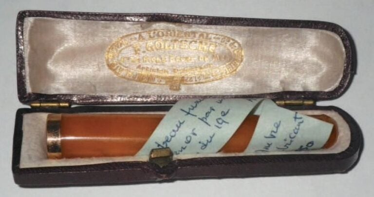 Fume-cigarette en ambre bagué d'or, dans son écrin en cuir (*)
