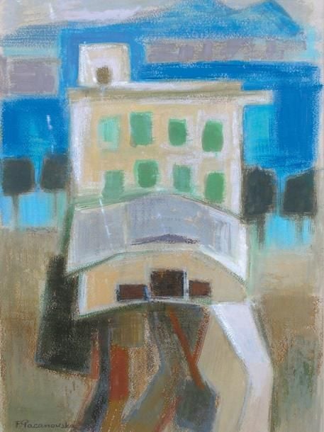 Funiculaire de Mergellina à Naples Technique mixte Signée en bas à gauche, titrée au dos 35,5 x 25 cm (à vue)