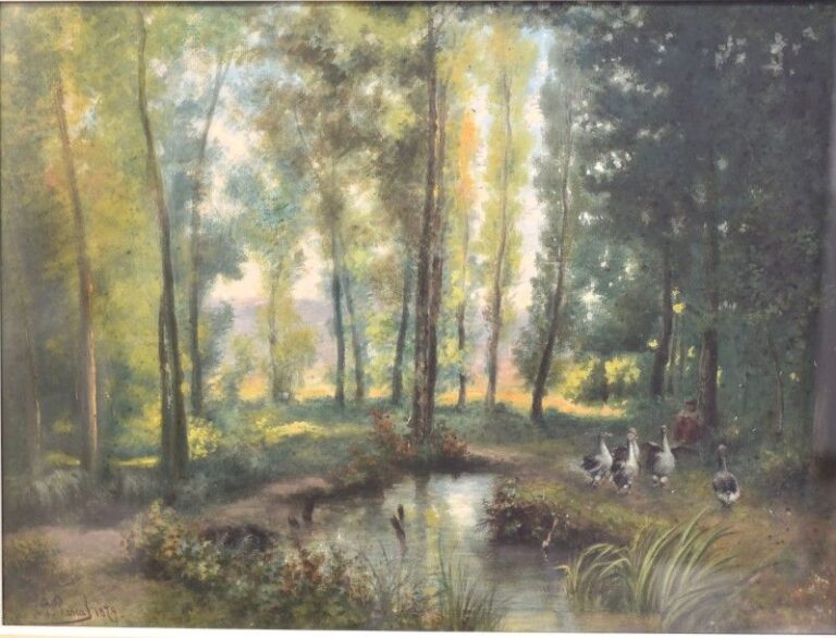 Gardienne d'oies au bord de la rivière Gouache sur papier Signée et datée en bas à gauche: 1879 46 x 60 cm
