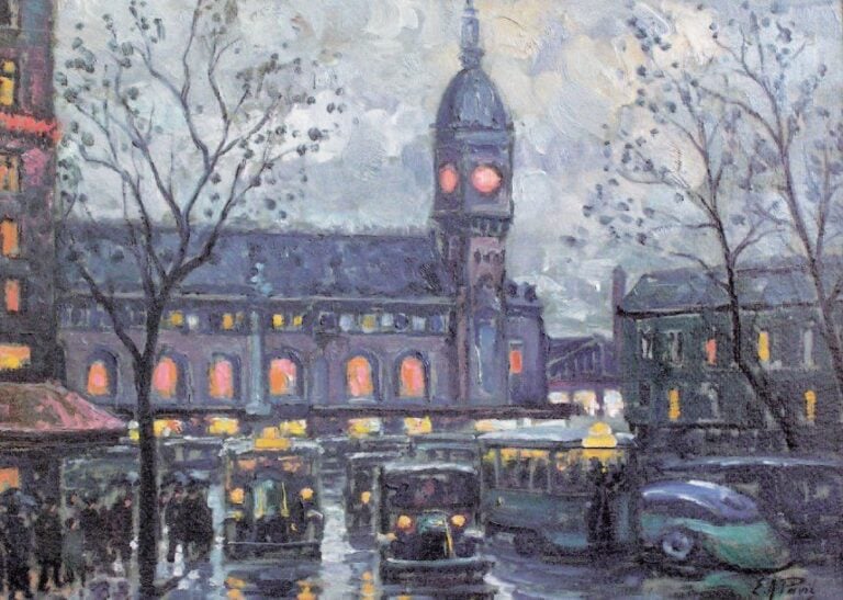 Gare de Lyon (1935) Huile sur carton Signée en bas à droite Titrée et datée au dos 33 x 47 cm