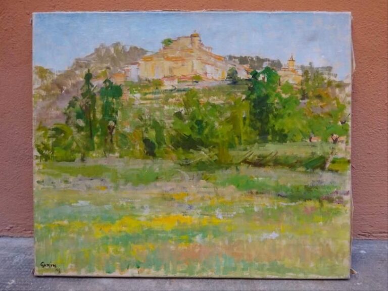 GARIN (Actif XXe siècle) Probable vue d'un village de la vallée du Var Huile sur toile Signée et datée en bas à gauche: 52 (?) 46 x 55 cm
