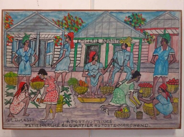 Gervais Emmanuel DUCASSE (1903-1988)  "A Port-au-Prince Petit marché du quartier au poste marchand" Huile sur isorel Signée en bas à gauche Titrée en bas au centre Annotée et titrée au dos: "PO" 40,5 x 61 cm