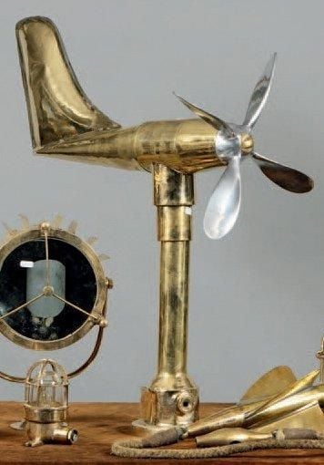 Girouette anémomètre en laiton, base en bronze, hélice quadripale en fonte d'aluminium Hau