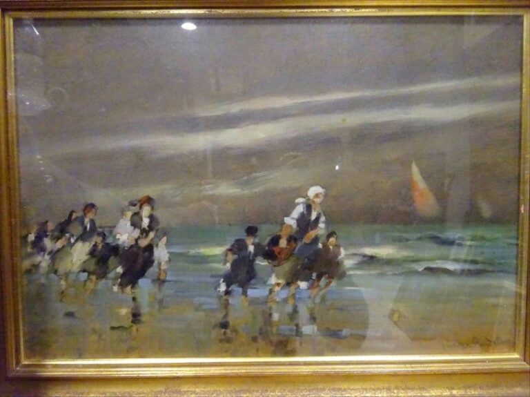 Giuseppe RONDELLO (Actif XIXe-XXe siècle) Femmes et enfants sur la plage, les pieds dans l'eau Huile sur carton Signée en bas à droite 33 x 48 cm (à vue)