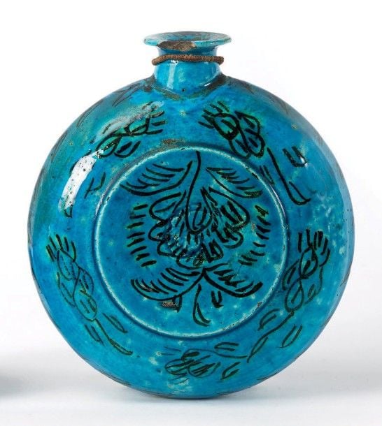 Gourde Pâte siliceuse à décor peint en noir sur fond turquoise sous glaçure incolore transparente