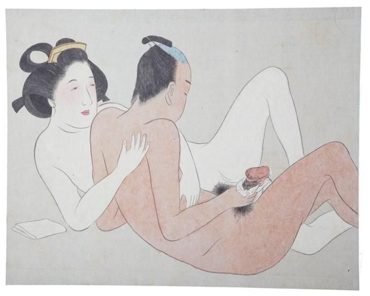 Grand album contenant douze feuilles de dessins érotiques de type shunga aux couleurs vive