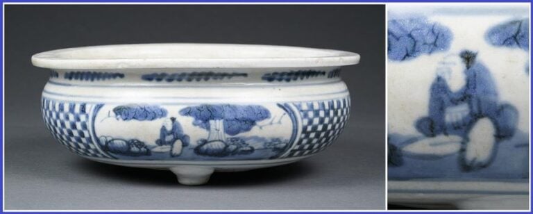 GRAND BRULE-PARFUM TRIPODE EN PORCELAINE BLEU BLANC, LU
