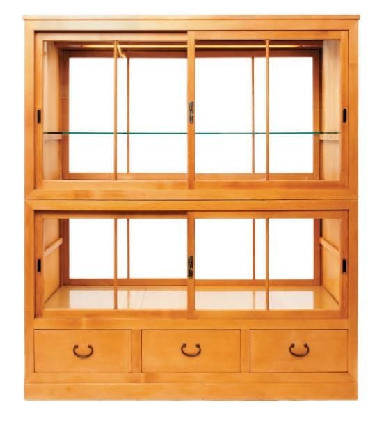 Grand meuble-vitrine à deux corps en bois de cyprès japonais (hinoki) de style sobr