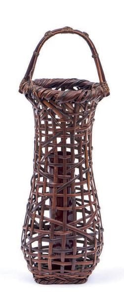 GRAND PANIER pour arrangement de fleur ikebana tressé de forme ronde et de couleur marron foncé avec une anse fix