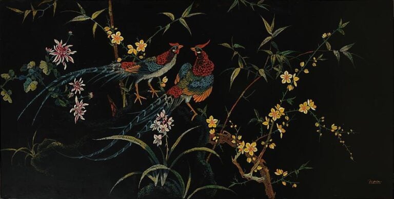 GRAND PANNEAU DE BOIS LAQUE POLYCHROME