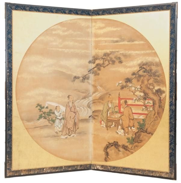 Grand paravent à deux panneaux (byobu) figurant une peinture anonyme circulaire de style Kan