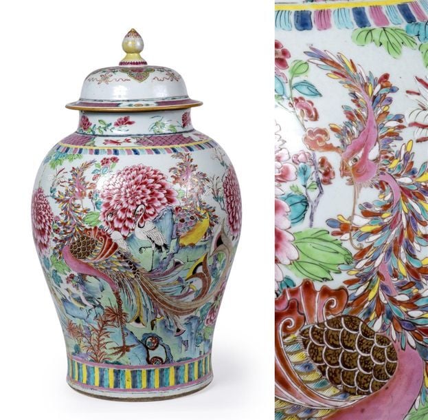 GRAND POTICHE EN PORCELAINE A DÉCOR EMAILLE POLYCHROME DE LA FAMILLE ROSE