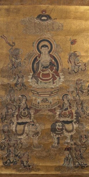 Grand rouleau suspendu polychrome bouddhiste (kakejiku) représentant Amida sanson, la trinité Amida : au centre le Bouddha Amida, flanqué de bodhisattva Kannon sur un lion et Fugen sur un éléphant et d'autres figures sur un fond dor
