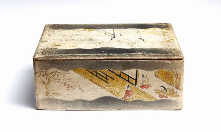 Grande boîte en bois pour papeterie (ofumibako) décorée de peintures de style Tosa représentant des scènes de la Cour, sur fond blanc cass