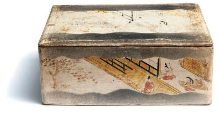 Grande boîte en bois pour papeterie (ofumibako) décorée de peintures de style Tosa représentant des scènes de la cour, sur fond blanc cass