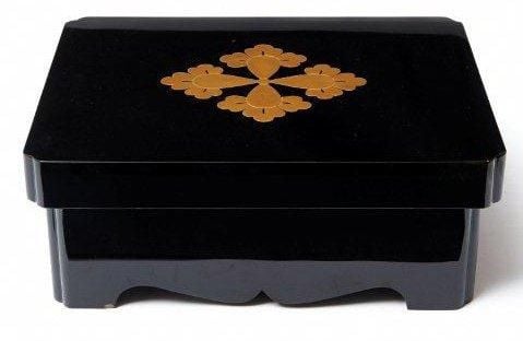 Grande boite laquée noire de forme rectangulaire, destinée à contenir des légumes et des aliments cuits (sakaijo