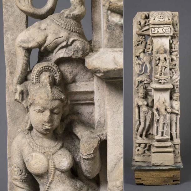 GRANDE COLONNE DE TEMPLE EN GRES BEIGE ROSE Inde, Vraisemblablement Pala, période médiévale, époque XIe siècle Elément d'architecture, frontale et sculptée uniquement au devant dans une variété de reliefs et ajours de divinités diverses parmi lesquelles Shiva et Ganesh