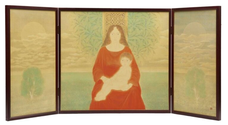 Grande triptyque à l'aquarelle collée sur des panneaux et figurant une femme avec son enfant sur les genou
