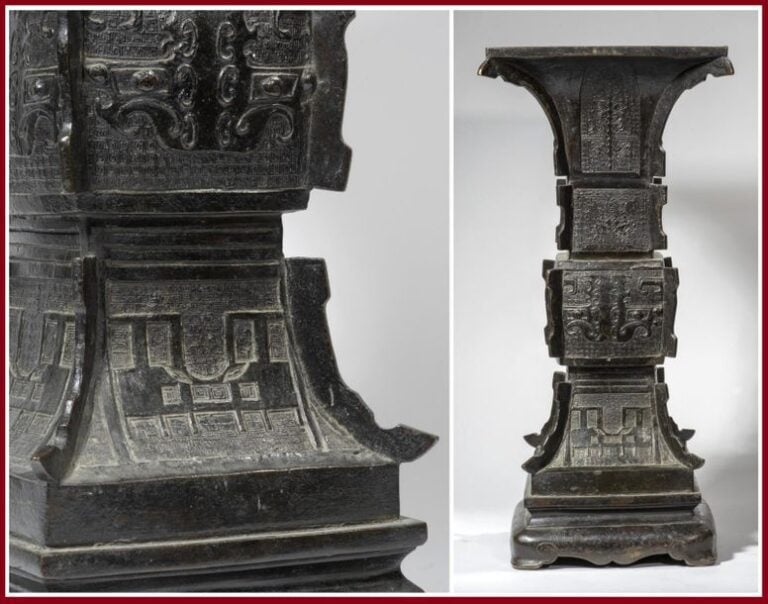 GRANDE VAISSELLE ARCHAISANTE QUADRANGULAIRE EN BRONZE A PATINE BRUNE, ZUN