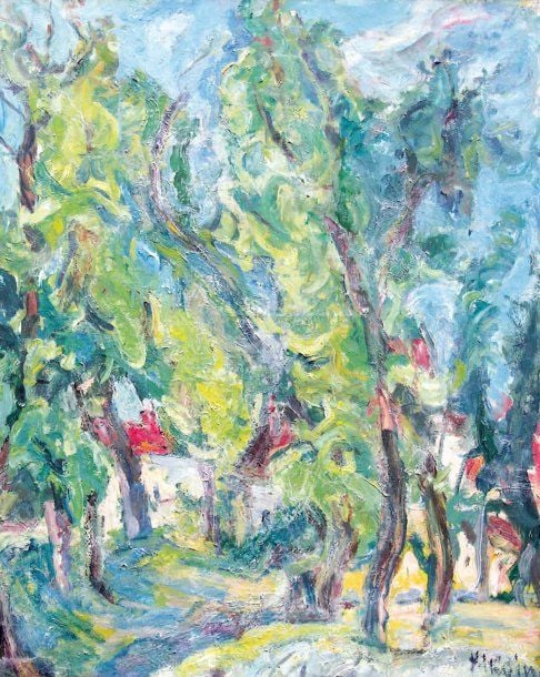 Grands arbres (1927) Huile sur toile Signée en bas à droite, contresignée et datée au dos 81 x 65 cm Bibliographie: Kikoïne, Éditions de l'Albaron/Fondation Kikoïne, Paris 1992, rep