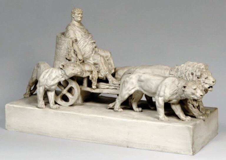 Groupe en biscuit représentant le char d'un Empereur romain tiré par des lionne
