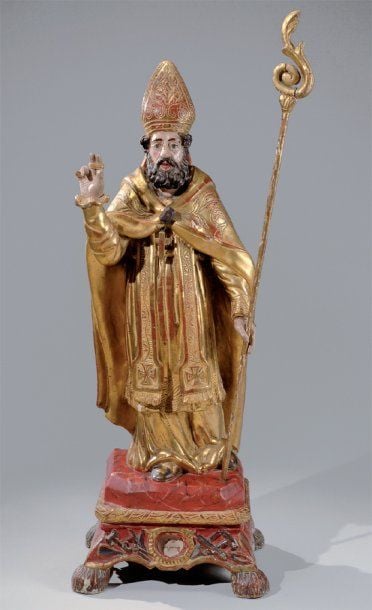 Groupe figurant Saint Eloi, en bois sculpté, doré et laqué au nature