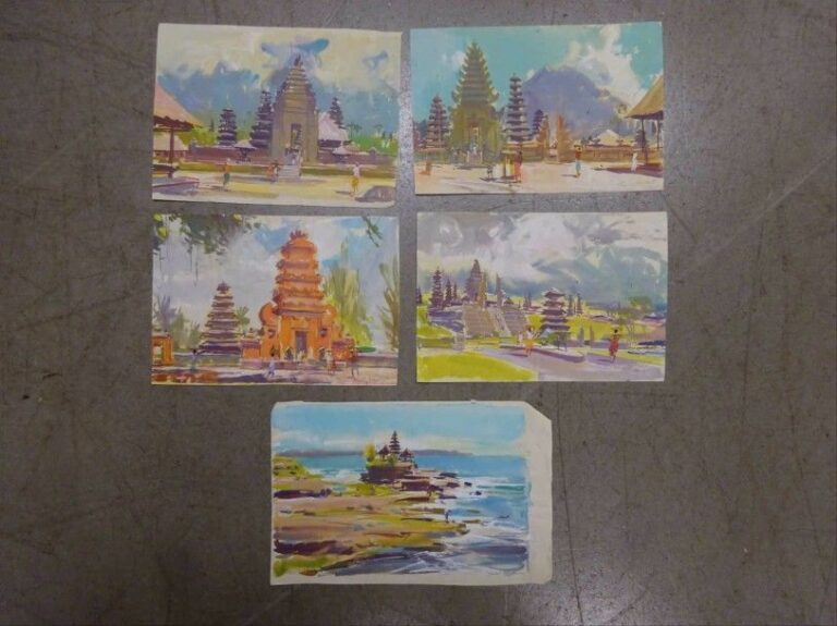 Guy HUZÉ (1912-1997) Vues d'Asie du Sud-Est Lot de cinq gouaches sur papier Toutes signées Dimensions (la plus grande): 17 x 23 cm