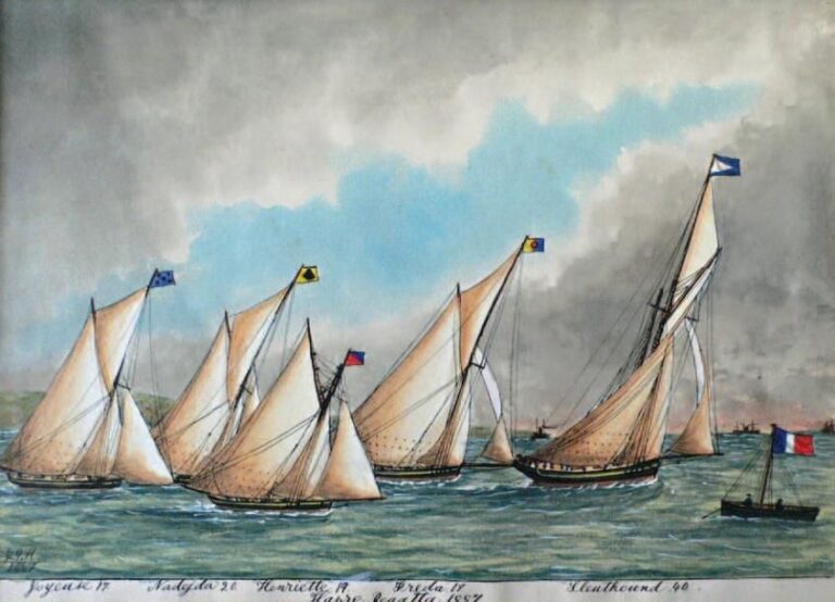 « Havre Regatta » (1887) Aquarelle et gouache sur papier présentant différents voiliers en course au large du Havre : Joyeuse, Nadeja, Henriette, Fréda, Sleuthoun