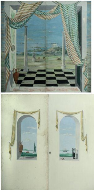 HECKMANN Double portes suspendues en panneaux pleins à décor double face néoclassique Signées (écaillures et sauts de peinture