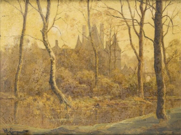 Henri LINGUET (1881-1914) Château au bord d'une rivière plantée d'arbres, peut-être le Plessis-Bourré Huile sur toil