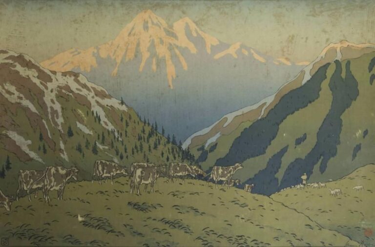Henri RIVIERE (1864-1951)  Troupeau de vaches au pâturage en montagne  Xylographie en couleur