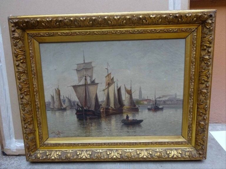 Henri VAN WYK (1833-?) Le port d'Amsterdam Huile sur toile Signée et datée en bas à gauche: 85  50 x 65 cm (accidents)