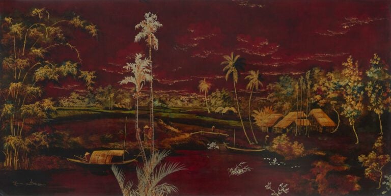 HOANG NGOC - XXE - « Vue d'une baie » - Panneau rectangulaire en laque - polych…
