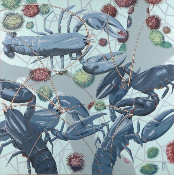 HOMARDS ET OURSINS Acrylique sur papier marouflée sur toile Monogrammée en bas à droite 100 x 100 cm EXPOSITION: Guérande avril 2012