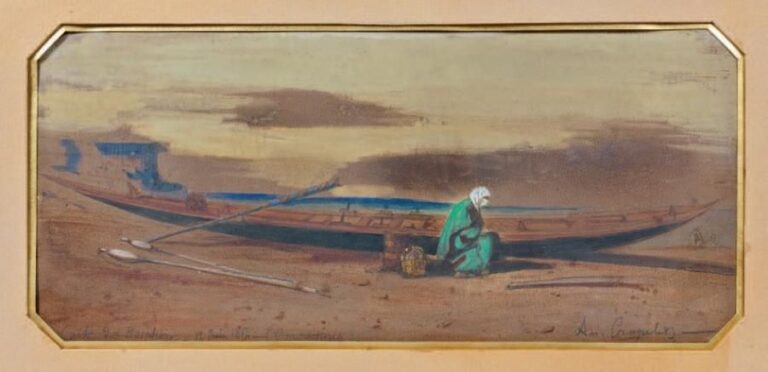 Homme dans un paysage à côté d'une caïque Aquarelle, cadre en bois doré avec cartel «Amable Crapelet / (Auxerre 1822 - Marseille 1867)» Signée en bas a droite «A
