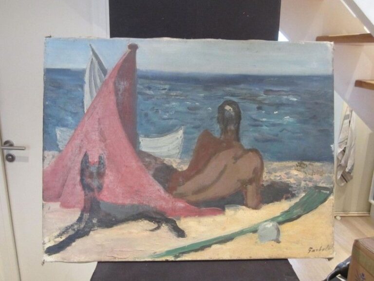 Homme de dos à la plage Huile sur Toile Signée en bas à droite 46 x 61 cm