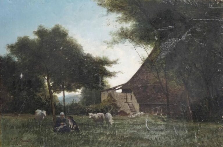 Horace Antoine FONVILLE (1832-1914) Bergère et ses moutons Huile sur toil